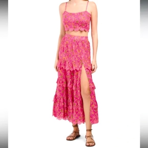 Caroline Constas 2pc Set Crop Spaghetti Top Maxi Skirt Pink Cotton Eyelet Ruffle - Picture 15 of 16